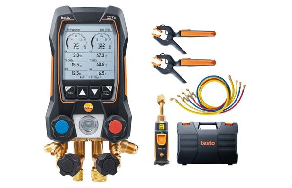 testo 557s Комплект 2 с заправочными шлангами - Умный цифровой манометрический коллектор, смарт-зонды вакуума и температуры и набор из четырёх заправочных шлангов