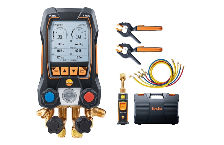 testo 570s Smart Vacuum Kit with filling hoses - Smart digital manifold with wireless vacuum and clamp temperature probes and 4-piece hose filling set, фото 1