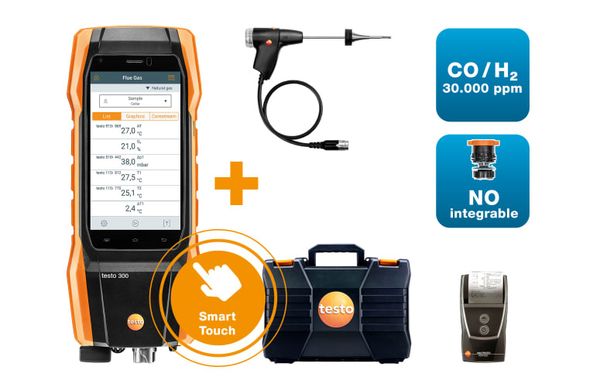 testo 300 NEXT LEVEL Longlife kit 2 with printer - Flue gas analyzer (O 2 , CO H 2 -compensated up to 30,000 ppm, NO - can be retrofitted)